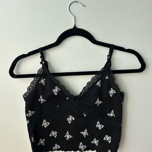 Black Butterfly Print Lace Trim Cami Top